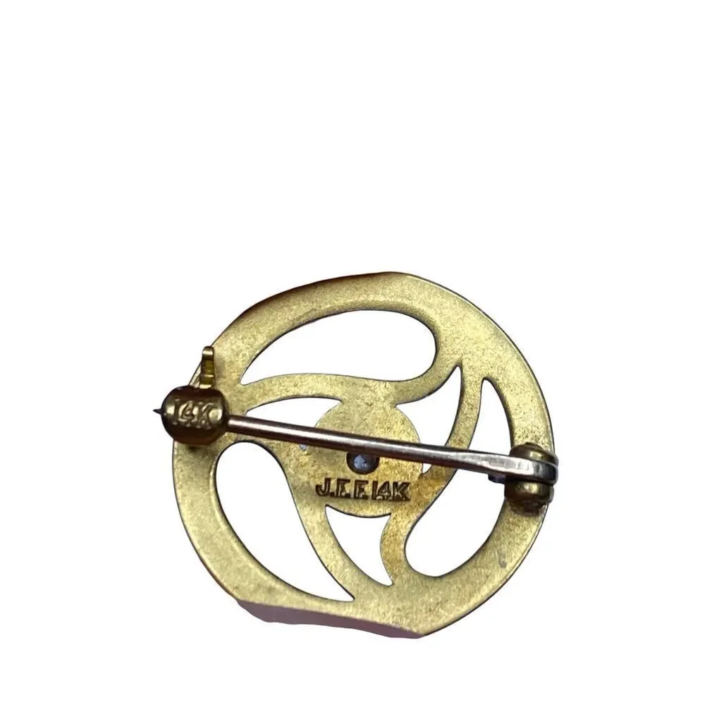 Vintage 14K Gold Swirl Brooch Pin Mid Century Clear Stone JFF Fine Jewelry